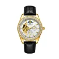 Gold mechanical watch for men, diamond bezel, white dial, black leather strap variant. - Black Strap White Dial