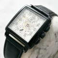 Square dial men quartz watch with black leather strap and skeleton white dial fashion style. - Black Band Black Case White Dial