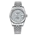 Men's stainless steel meteorite dial watch with fluted bezel and jubilee bracelet. - Meteorite Surface