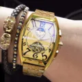 Men Automatic Mechanical Tonneau Watch Tourbillon Moon Phase Skeleton Fashion Wristwatch - Gold and Steel