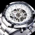 Men's automatic skeleton mechanical watch with stainless steel strap and tachymeter bezel. - Silver Steel Silver Case White Face