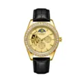 Luxus Herren Automatikuhr in Gold mit Diamantlünette, skelettiertem Zifferblatt und Lederarmband. - Schwarzes Leder Goldenes Zifferblatt