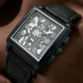 Men's square quartz watch with black leather strap, skeleton dial, and stylish design. - Black Strap Black Case Black Face