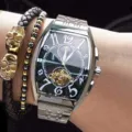 Men's tonneau automatic mechanical watch with steel strap skeleton dial moon phase luxury - White Steel Black