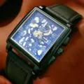Men square quartz watch with blue skeleton dial and black leather strap fashion timepiece - Black Strap Black Case Blue Dial