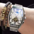Men automatic mechanical watch tonneau tourbillon moon phase steel bracelet stylish luxury - White Steel White
