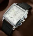 Men's square quartz watch with white skeleton dial, silver steel case, and black leather strap. - Black Strap Silver Case White Face