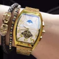 Men gold tonneau automatic mechanical watch with moonphase dial and steel strap luxury - Gold and White