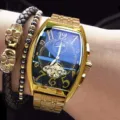 Men Automatic Mechanical Watch Tonneau Blue Dial Luxury Gold Wristwatch Tourbillon - Gold Steel Black