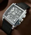 Men square quartz watch fashion big dial skeleton leather strap business casual wristwatch - Black Strap Silver Case Black Face