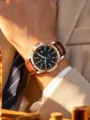 Luxury men automatic watch with rose gold bezel, blue dial and brown leather strap for business. - Brown Leather Strap Two-Tone Rose Gold Case Black Mother-of-Pearl Dial