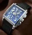 Men's rectangular quartz watch with black leather strap, silver steel case, and blue hollow dial. - Black Strap Silver Case Blue Dial