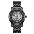 Men's black mechanical watch featuring skeleton dial, rhinestone hour markers and steel bracelet. - Black Steel Black Face Silver Movement