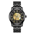 Men's Automatic Mechanical Watch Black Gold Skeleton Dial Roman Numerals Steel Strap - Black Strap Black Face Gold Movement