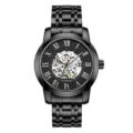 Men's automatic mechanical watch features skeleton dial and black stainless steel bracelet. - Black Strap Black Face Silver Movement