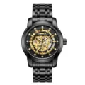 Men black mechanical watch with gold skeleton dial and crystal markers for stylish daily wear. - Black Steel Black Face Gold Movement