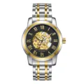 Men's automatic mechanical watch with skeleton dial, two-tone stainless steel bracelet. - Two-Tone Black Face Gold Movement