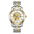 Men's automatic mechanical watch with skeleton dial and silver gold two-tone stainless steel strap. - Two-Tone White Face Gold Movement