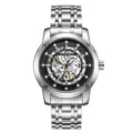 Silberne mechanische Skelett-Uhr für Herren mit schwarzem Zifferblatt und Strass-Indizes. - Silberner Stahl Schwarzes Zifferblatt Silbernes Uhrwerk