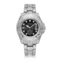 Vintage silver engraved quartz watch for men with calendar and luminous hands and bezel. - White Steel Black