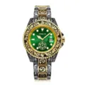 Relief green dial quartz watch with vintage rotating bezel and calendar display for men. - Gold & Silver/Green