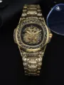 Men gold mechanical watch stainless steel carved skeleton retro luxury waterproof timepiece - Gold Steel Embossed Black