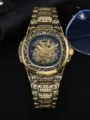 Men vintage gold mechanical watch stainless steel relief skeleton carved luxury timepiece - Gold Steel Embossed Blue