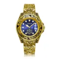 Gold men's quartz watch featuring baroque embossed bezel, blue sunburst dial and date. - Gold Steel Black
