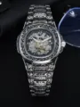 Men vintage carved mechanical watch stainless steel skeleton luxury fashion wristwatch. - Dark Silver