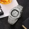 Men's luxury stainless steel automatic mechanical watch with vintage hollow carved design. - White Steel Black