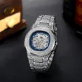 Men's stainless steel mechanical watch with carved relief, skeleton dial, and retro style. - Steel Blue
