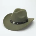 Olive green felt cowboy hat detail view, classic wide brim wool fedora with leather band. - M (56-58cm) / Army Green