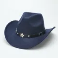 Details of navy blue wool felt cowboy hat with studded black floral band and metal buckle. - M (56-58cm) / Navy Blue