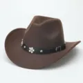 Close-up of brown felt western cowboy hat detail, showcasing the black leather flower studded band. - M (56-58cm) / Coffee