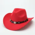 Red wool felt cowboy hat detail, showing curved brim, black leather belt, and metallic flower studs. - M (56-58cm) / Red