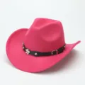 Pink wool felt western cowboy hat with black leather band and metal rivets, wide brim fedora. - M (56-58cm) / Rose Red