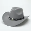Grey wool felt cowboy hat with decorative flower stud band, wide brim winter fedora style hat. - M (56-58cm) / Gray