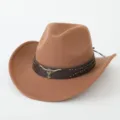 Close-up detail of the brown western cowboy hat featuring decorative bull head and metal studs. - M (56-58cm) / Khaki