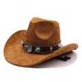 Western Cowboy Hat for Men Women Suede Leather Bull Head Turquoise Fedora Jazz Hat - M (56-58cm) / Brown