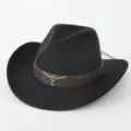 Classic black western cowboy hat with brown leather band, metallic studs and retro bull head. - M (56-58cm) / Black