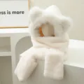 Cute white bear ear plush hat scarf gloves set, thick warm winter windproof 3-in-1 fashion accessory. - One Size / Milky White