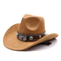 Detailansicht des Western-Cowboyhuts mit Türkissteinen, Stierschädel-Schnalle und Lederband. - M (56-58cm) / Khaki
