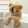 Cute bear ear plush hat scarf gloves 3-in-1 set winter warm thickened cozy windproof beanie - One Size / Khaki