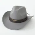 Grey felt western cowboy hat with brown leather band, vintage bull head emblem and metal studs. - M (56-58cm) / Gray