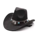 Western cowboy hat with turquoise bull head buckle, ethnic fedora jazz hat for men and women. - M (56-58cm) / Black