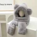 Detailed close-up view of the cute grey plush bear ear hat scarf gloves winter set. - One Size / Gray