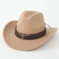 Close-up detail of western cowboy hat featuring brown leather band, studs and bull head decor. - M (56-58cm) / Camel
