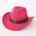 Hot pink western cowboy hat for women, stylish felt fedora with bull skull decor and studs. - M (56-58cm) / Rose Red
