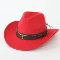 Red western cowboy hat featuring a brown leather band, metallic studs, and bull skull. - M (56-58cm) / Red