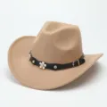 Wool felt western cowboy hat with floral leather band and metal buckle for autumn winter. - M (56-58cm) / Camel
